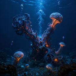 bioluminescent underwater life fighting, blue and orange light, cyberpunk, deep ocean, bottom of the sea, dark, extreme depths, organic, mariana trench, midnight zone, bubbles, hyper realistic, hyper detailed, digital art, trending in artstation, studio quality, photorealistic, photo, by jesper ejsing, wlop, paul lehr