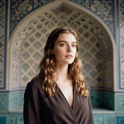 long shot, kodak portra, 8 k, soft light, fine art portrait photography, fashion photography, background fractal muqarnas, camille vivier