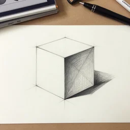 An educational artist's demonstration of a single simple cube drawn in two point perspective. Sketch.