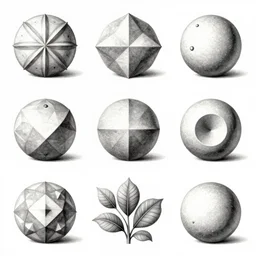 various kinds of separate platonic shapes, botanical illustration, white background, 8 k