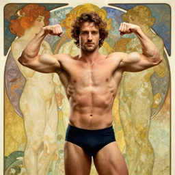 adam brody in a speedo flexing his muscles, abstract background, alphonse mucha, rhads, ross tran, artstation, artgerm, octane render, 1 6 k