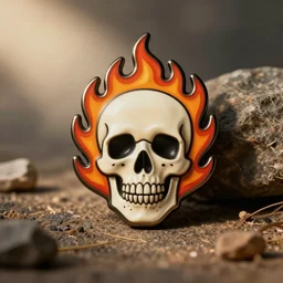 a retro vintage minimalistic smiling skull with fire flame enamel pin