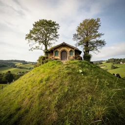 a hobbit cottage on top of a steep hill, greg rutkowski, zabrocki, moebius, karlkka, jayison devadas, trending on artstation, 8 k, ultra wide angle, zenith view, pincushion lens effect