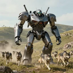 Gigant robot chasing wolves in background on the hills