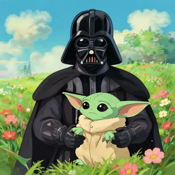 darth vader kuddling grogu on a field of flowers in studio ghibli style