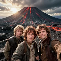frodo and sam take a selfie at mount doom, cinestill colour, anamorphic