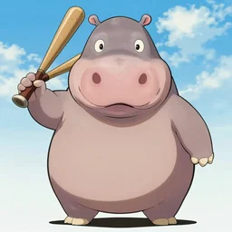 a dumb looking hippo wearing a baseball bat, illustration concept art anime key visual trending pixiv fanbox by wlop and greg rutkowski and makoto shinkai and studio ghibli and kyoto animation symmetrical facial features