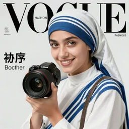 mother Theresa as a young model on the cover of Vogue fashion magazine, high quality photo, canon lens, with text