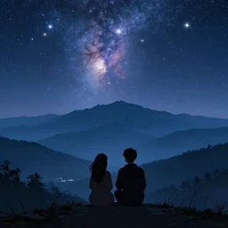 a beautiful landscape showing mountains, stars and galaxies in the background. The silhouet of a young couple sits in the foreground, anime style