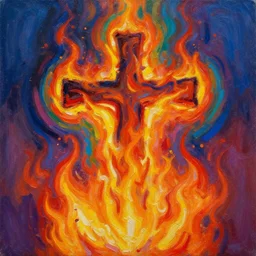 cross in flames, fire burning in rainbow colors, oil painting, bold strokes