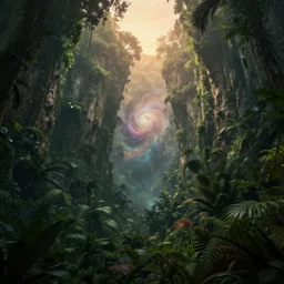 an award winning digital artwork of a lush prehistoric jungle chasm being a portal into a nebula dream land, stunning, washed out colors, professional, master level composition, volumetric lighting, haze, sunset, photorealistic
