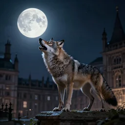 a werewolf shouting at the moon in london, at night
