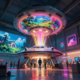 interior shot, airplane hanger , airplane repair workshop, Akira Nakai reparing an alien ufo, neon lights, by james gurney, katsuhiro otomo, james paick, cinematic lighting, artstation, vibrant nature, anime style, Craig Mullins, Greg Rutkowski, Pete Morbacher, Tuomas Korpi, tekkon kinreet, volumetric light, artstation, , octane render, redshift render, low angle camera