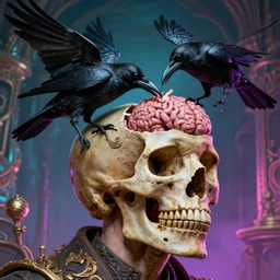 a close - up portrait shot of a man with an open skull, with a crow!!!! eating!!!!! the brain!!!!, cult dystopian neon environment, intricate, elegant, highly detailed, rule of thirds, digital sculpture, artstation, 8 k rendering, ray tracing, by salvador dali and david cronenberg