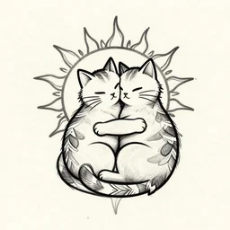 tattoo sketch of a cat hugging the sun, on a canva, polynesian style, ornamental, line art, vector,