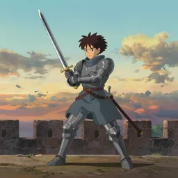 a medieval knight training with his sword on a castle wall at sunrise, ghibli studio, anime style, pixar and disney style, high quality, highly detailed, high coherence, path traced, anatomically correct, five fingers, realistic, digital painting, digital art, daytime, serene scene, colorful, symmetrical, soft colors, complementary colors