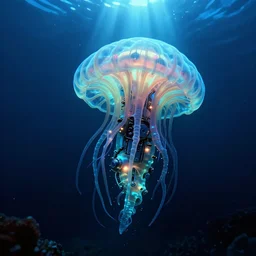bioluminescent cyberpunk siphonophore, deep sea diver, extreme light, cyberpunk atlantis, mechanical, deep ocean, robotic, mariana trench, sun rays, midnight zone, bubbles, hyper realistic, hyper detailed, digital art, trending in artstation, studio quality, photorealistic, photo, by jesper ejsing, wlop, paul lehr