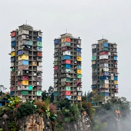three large brutalist towers, made up of stacked squatter shacks and makeshift shelters with bright colours, surrounded by unusual - looking vegetation, suspending over a cliff, phase one, uneven fog, uniform plain sky, fine details, photographed by frans lanting