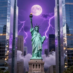 of a futuristic photo - realistic new york city with mirrored windows in shiny crystalline : 7, the statue of liberty : 2, highly symmetrical, balanced, purple lightening : 3, octane render, clouds : 2, violet sun : 4, in the style of sahm : 3, hd, ultra - realistic, hyper - realistic, digital art,