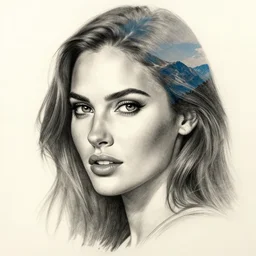 realistic tattoo sketch of megan fox face double exposure art with beautiful mountain scenery, in the style of den yakovlev, amazing detail, sharp, faded