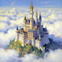 retro - futurism anime castle on a mountain in clouds with lots of details look from above rule of thirds golden ratio, fake detail, trending pixiv fanbox, acrylic palette knife, artwork by claude monet