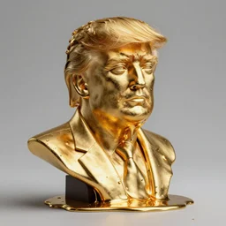 melting gold bust of donald trump by andy wahrol, the face is melting with drips of molten metal falling like lava, ground angle, uhd 8 k, sharp focus