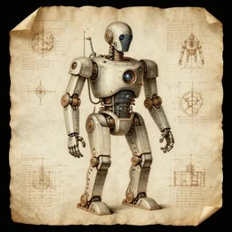 ancient technical schematics, on parchment, by leonardo da vinci of a highly advanced futuristic robot
