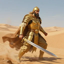 realistic side view painting of the king of the desert, angry, wide angle, gold armour, sword, dramatic lighting, intricate, wild, highly detailed, digital painting, artstation, concept art, smooth, sharp focus, illustration