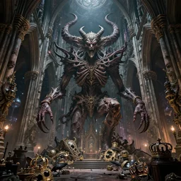 an evolution of evil, ornate cathedral interior, abstract, decay, giger textures, h. r. giger infinitely complex detail, by antoine wiertz and noah bradley, pile of crowns, interstellar civilisation, the underground night life of occult city is booming, visually stunning, cinematic, ultra realistic, hyper realism, 1 2 k, epic, octane render, unreal engine, vfx, maya