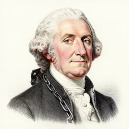 a photorealistic colored pencil illustration of a happy George Washington wearing a chain around his neck with a small gold Doubloon coin as a necklace. This 4K HD image is Trending on Artstation, featured on Behance, well-rendered, extra crisp, features intricate detail and the style of Unreal Engine.