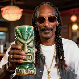 a closeup photorealistic photograph of snoop dogg at trader vic's bar holding a tiki mug featuring his face on it. brightly lit scene. this 4 k hd image is trending on artstation, featured on behance, well - rendered, extra crisp, features intricate detail, epic composition and the style of unreal engine.
