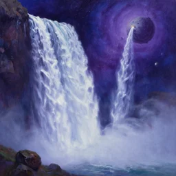 still of a waterfall in asteroid field, purplish blueish space in background, ultra detailed, high quality, artstation award winner, oil painting, digital painting, 8k, vibrant, detailed water