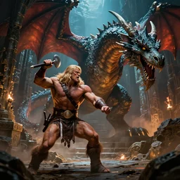 28mm Photo of conan the Barbarian, fighting a giant dragon in a dungeon, in the style of greg rutkowski, concept art, rim lighting, dark souls, unreal, octane, Frank frazetta, vibrant color, ray tracing