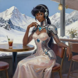 black - skinned scifi princess in a snowy mountain cafe, wearing a lovely dress with cyberpunk elements. this oil painting by the award - winning mangaka has an interesting color scheme and impeccable lighting.