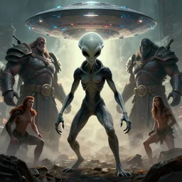 propaganda poster of a grey alien subjagating humans, overlords, ufo, digital art, trending on artstation, 4 k, masterpiece