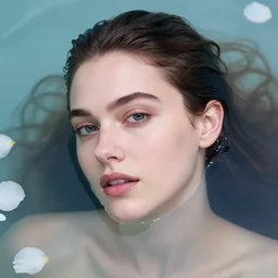 portrait of a beautiful girl + kaya scodelario, in the deep dream water, beautiful smooth soft light + white petal, by personal photography, closeup, 4 k, highly detailed, instagram,