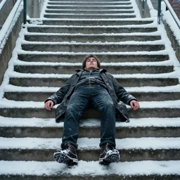 bladerunner 2049 man lying on concrete stairs, snowing snowy stairs. sad melancholic scene. 65mm camera uncropped man centered.
