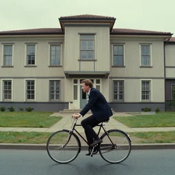 a man riding a bicycle, film still from the movie directed by wes anderson with art direction by zdzisław beksinski, wide lens