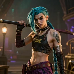 Jinx from Arcane, league of legends, cinematic, Wide-shot, atmospheric lighting, directed by Quentin Tarantino