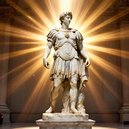a medium long wide shot of a beautiful marble - statue of a marble imperator on a marble base in the accademia di belle arti, god - rays, dramatic light, sharp focus, global illumination, radiant light, unreal 5, daz, hyperrealistic, octane render, cosplay, rpg portrait, dynamic lighting, intricate detail, harvest fall vibrancy, cinematic
