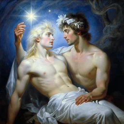 attractive lucifer morningstar casting illusion over attractive mortal man. highly detailed painting by gaston bussiere, craig mullins, j. c. leyendecker 8 k