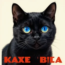 soviet propaganda poster, black cat, blue eyes