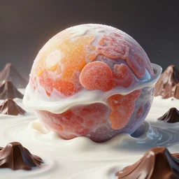 a realistic planet made of candy with sea of milk and chocolate mountains, super realistic, unreal engine, octane render, 8 k