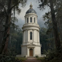 neoclassical tower with dome on a magical gloomy mystical forest. by ( rembrandt painting ( 1 0 0 ) ( fractal flame ) ), colorful watercolor, by wlop, psychedelic, mech, pearlized, highly detailded