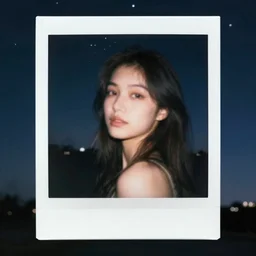 blured girl on night vision, focused background night sky with stars, polaroid photo