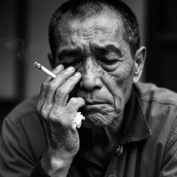photographic black and white portrait of a wrinkly sad hand holding a cigarette