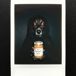 hyperrealistic polaroid ghost - hunter photograph of an unsettling eldritch cultist dog glowing red eyes holding a jar of cursed forbidden peanut butter, damaged photo