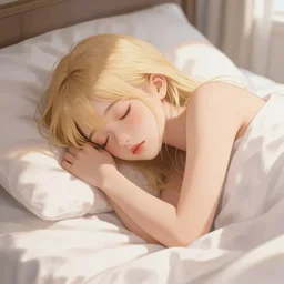 cute anime girl blonde hair sleeping on bed early morning full HD 4K highest quality realistic beautiful gorgeous natural