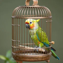 a bird cage with a pug cockatoo hybrid, realistic, photoshoot, real life, national geographic