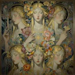 breathtaking detailed concept art painting art deco pattern of blonde faces goddesses amalgamation flowers, by hsiao - ron cheng, bizarre compositions, exquisite detail, extremely moody lighting, 8 k